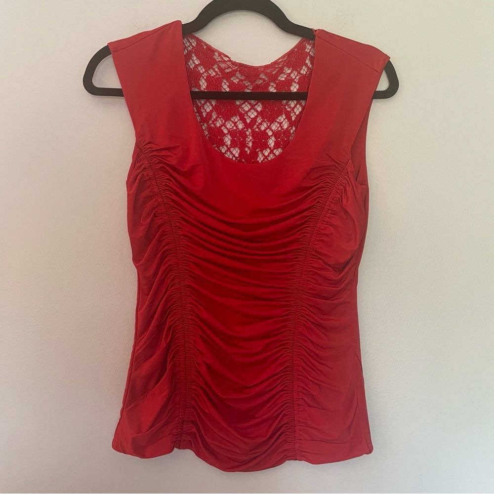 Carmen Marc Valvo Vibrant Red Ruched Tank Top Petite Small Lace Back